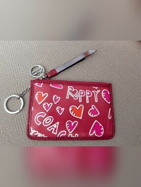 Coach Poppy Pink & Red Heart Print Wristlet